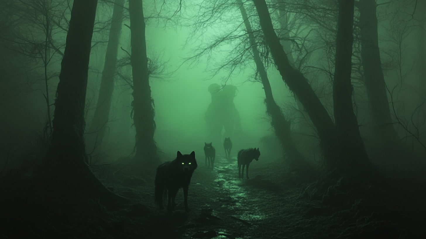 A Spooky Forest Path with Wolves and Shadows