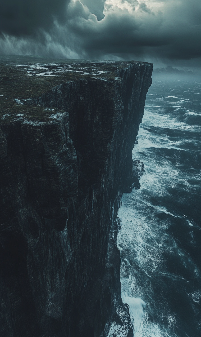 A Spooky Stormy Island Cliff Overlooking Choppy Sea.