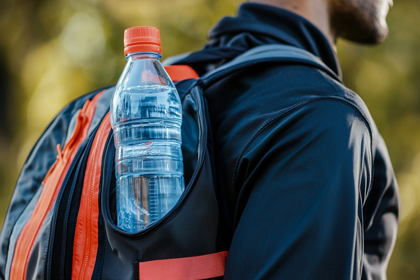 A Sports Bag with Water Bottle on Shoulder