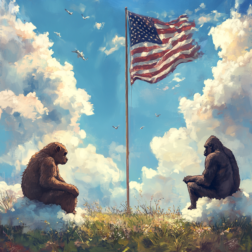 A Squirrel and Gorilla on Clouds Viewing Flag