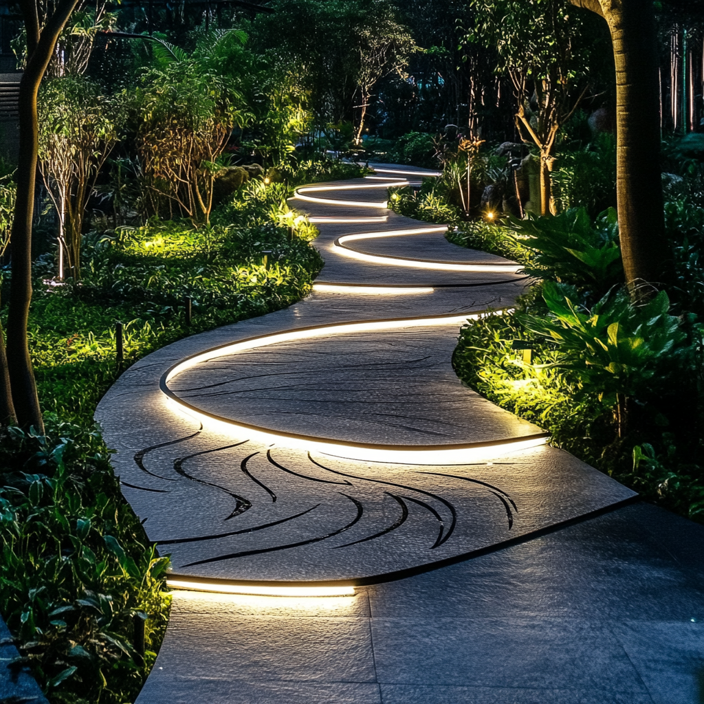 A Stage with Wavy Garden Path and Lights