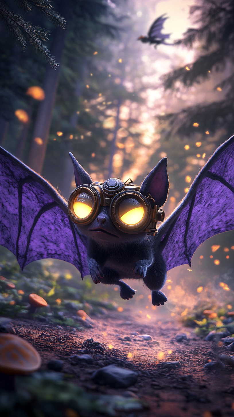 A Steampunk Bat's Magical Flight in Enchanted Forest