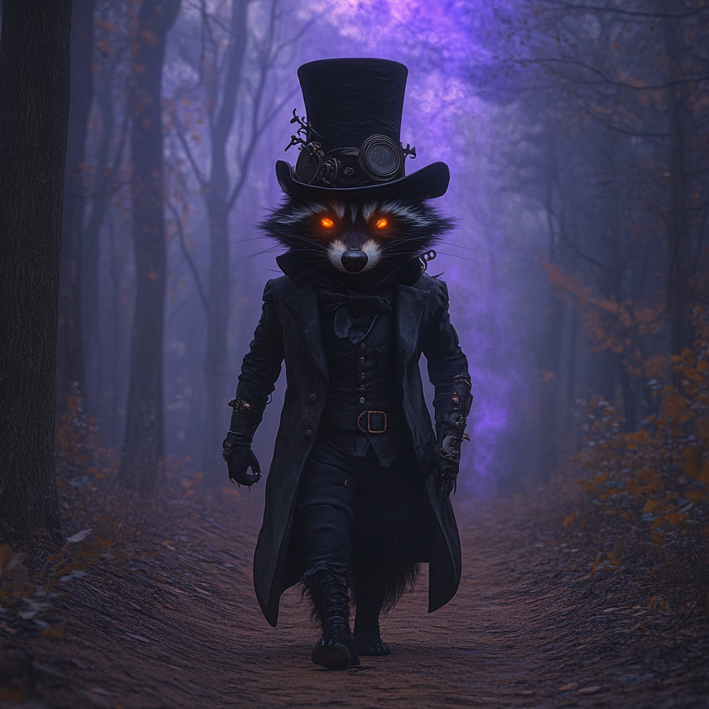 A Steampunk Raccoon's Halloween Journey in Enchanted Forest