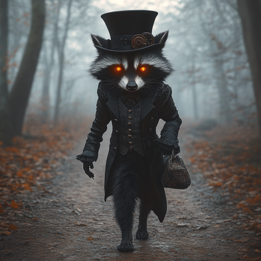 A Steampunk Raccoon in Enchanted Foggy Forest