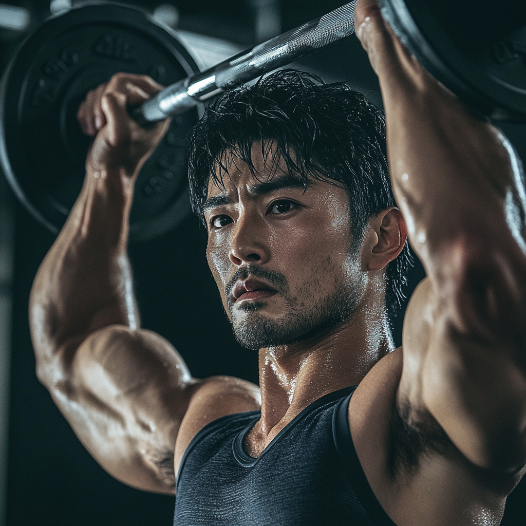 A Strong Japanese Man Lifts Weights in Gym