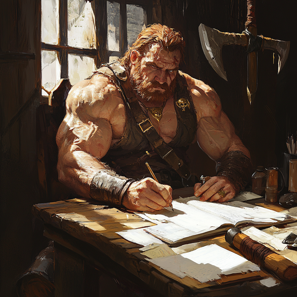 A Strong Man Writes with Quill at Desk