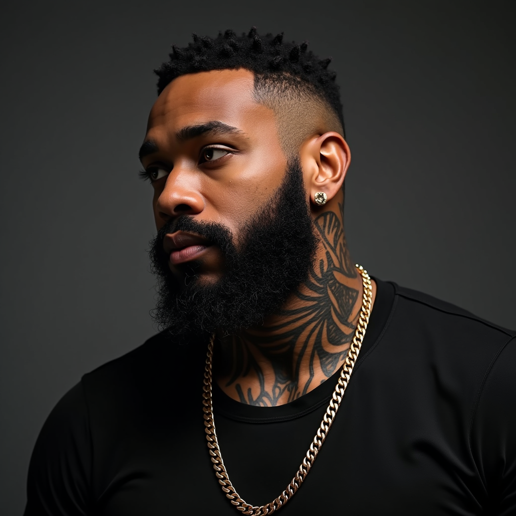 A Strong Man with Beard, Tattoos, and Chain