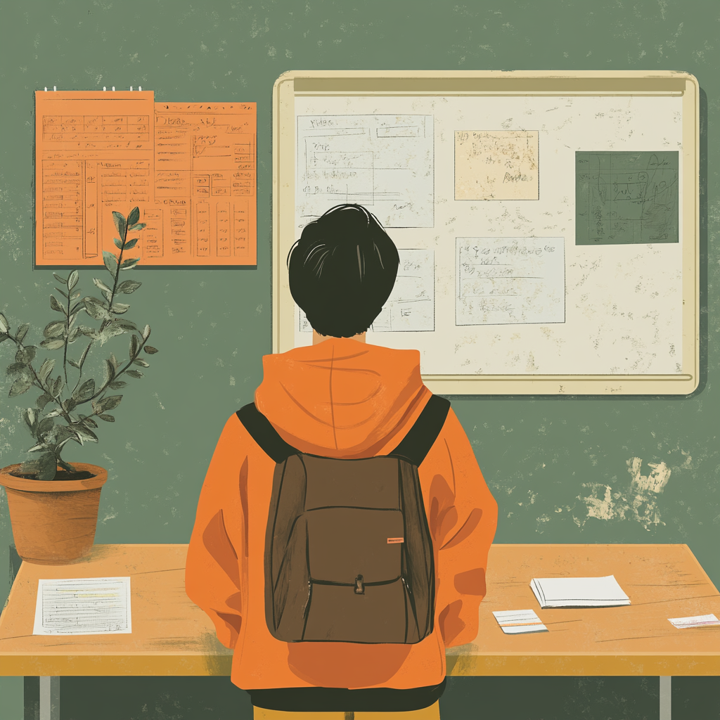 A Student Studying a Detailed Schoolboard Illustration