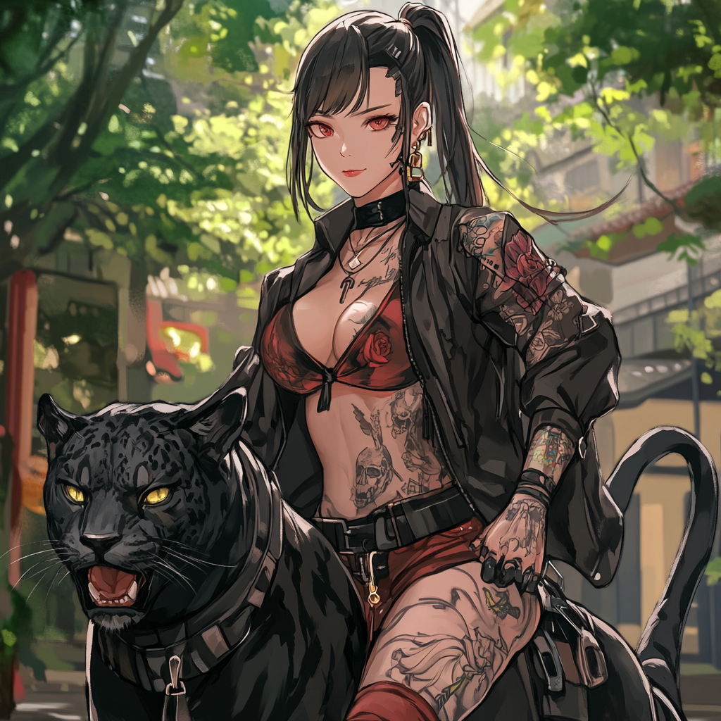 A Stunning Anime Woman with Tattoos Riding Panther