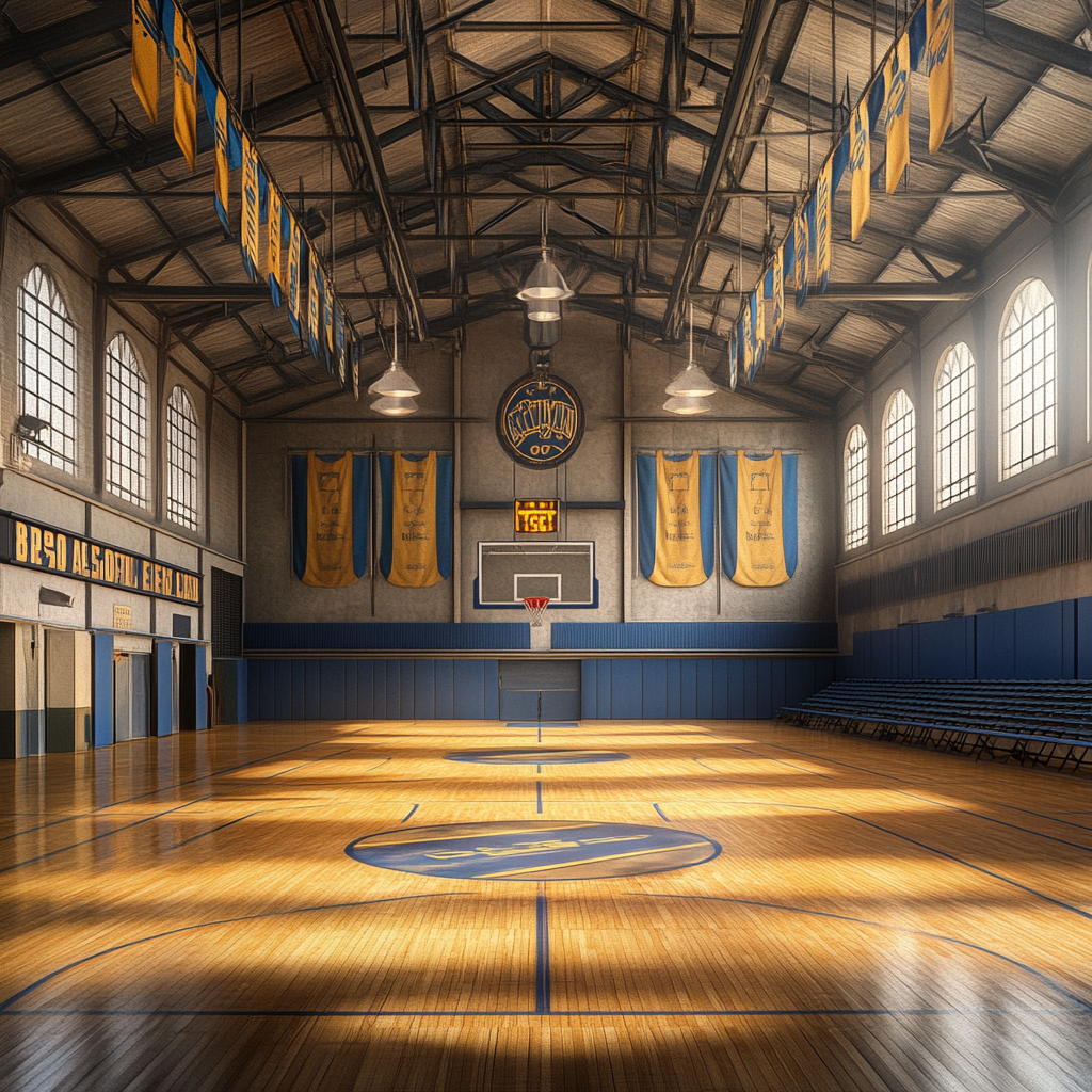 A Stunning Gymnasium with Basketball Hoops and Banners