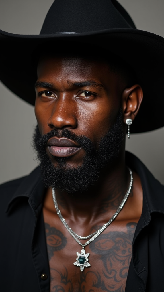 A Stylish Black Cowboy with Silver Jewelry