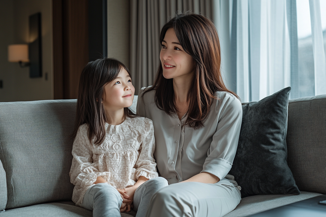 A Stylish Japanese Mother and Daughter in Elegant Living Room