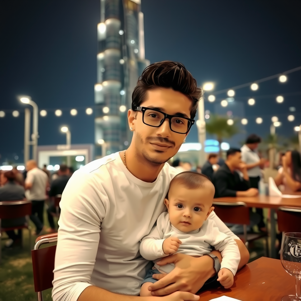 A Stylish Man Holding Baby Near Burj Khalifa