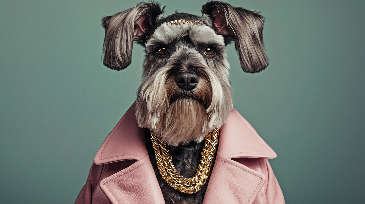 A Stylish Schnauzer in Pink Coat and Gold Necklace