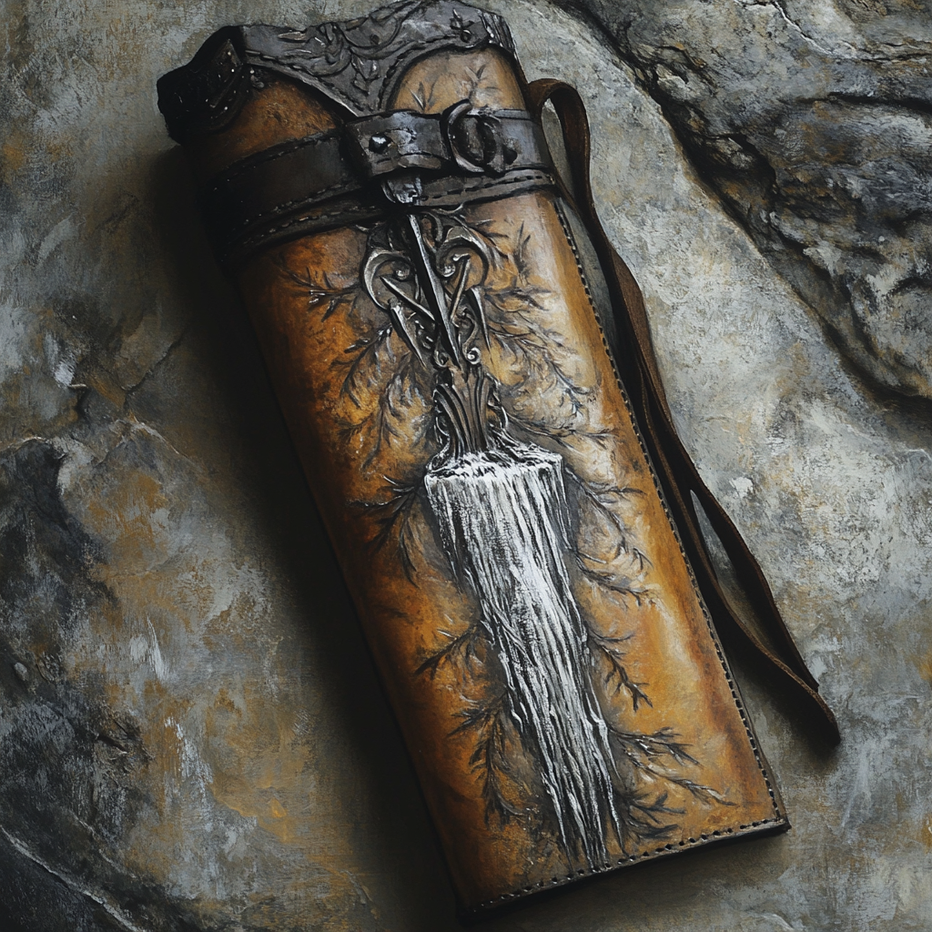 A Stylistic Leather Quiver with Silver Waterfall Etching