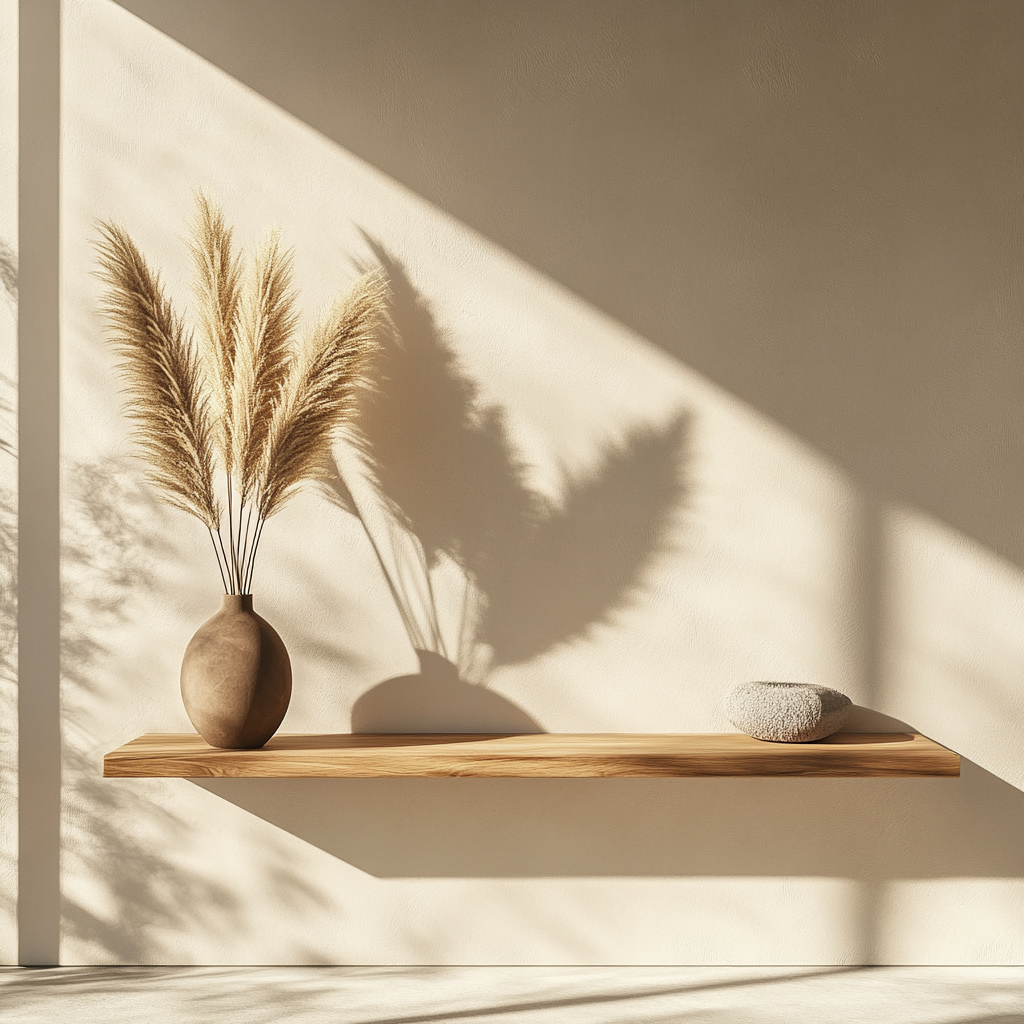 A Sunlit Entryway with Wooden Shelf and Vase