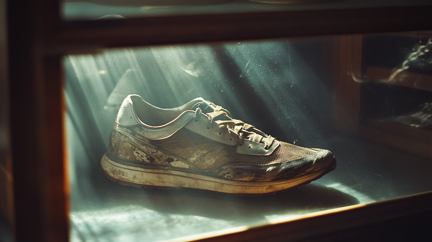 A Sunlit Old Shoe in Glass Display