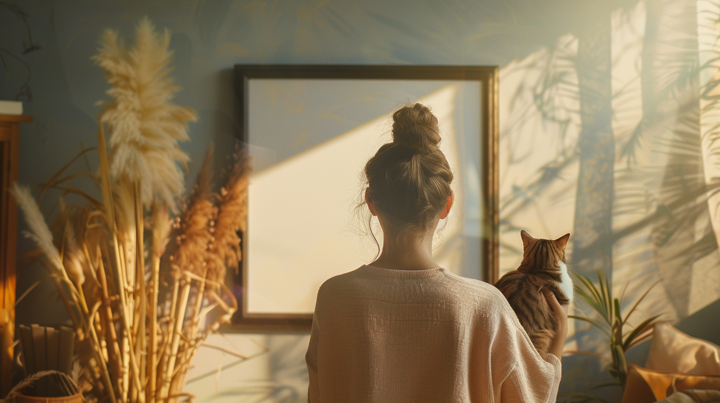 A Sunny Countryside Scene with Woman and Cat