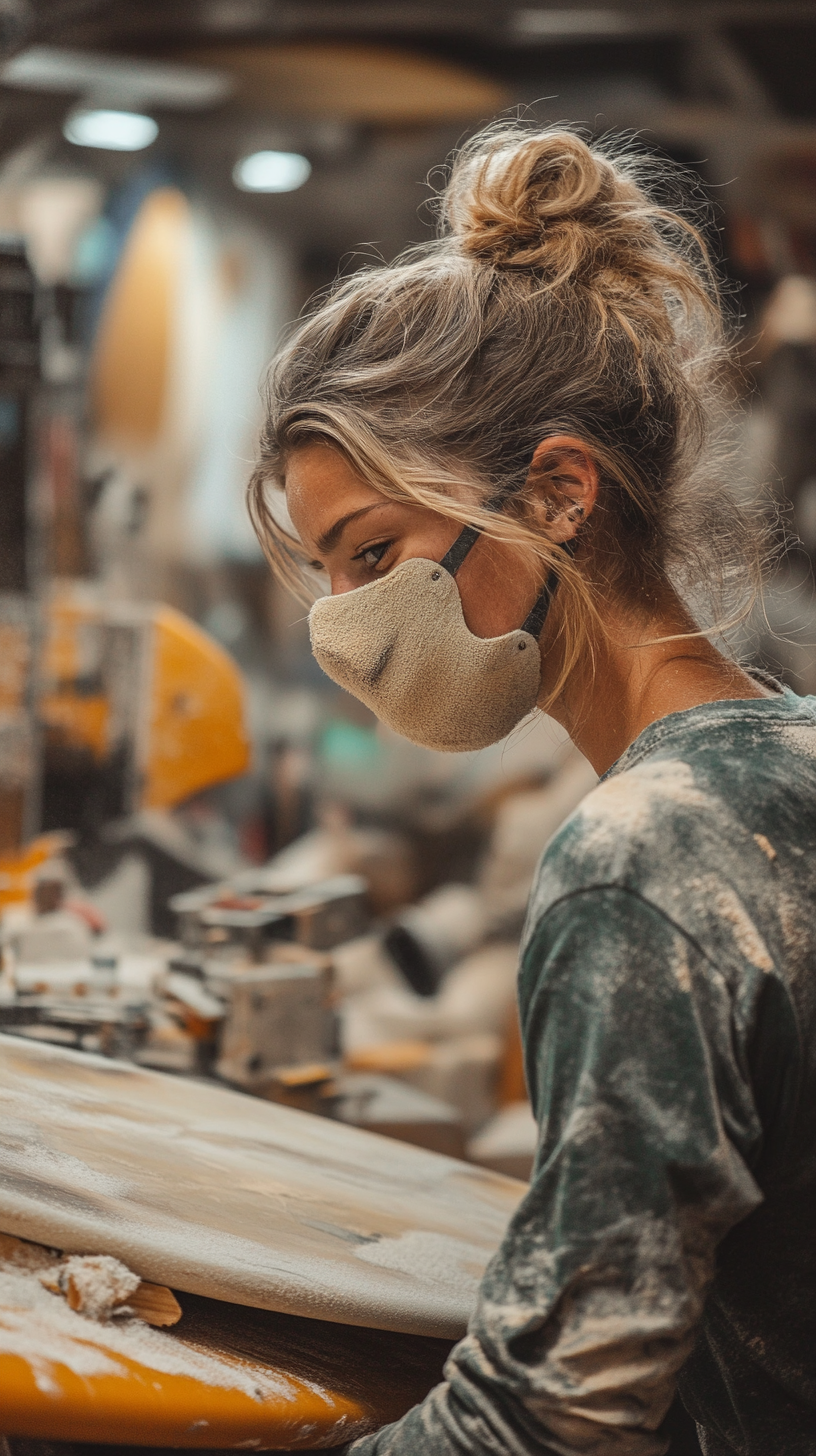 A Surfboard Shaper Sanding Custom Board in Workshop