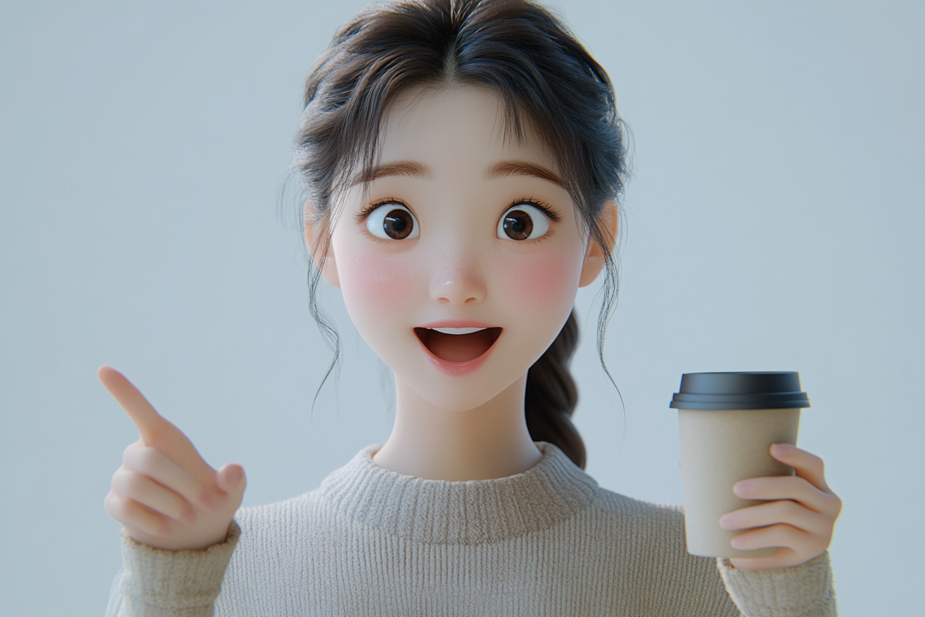 A Surprised Korean Woman Holding Coffee Cup Joyfully