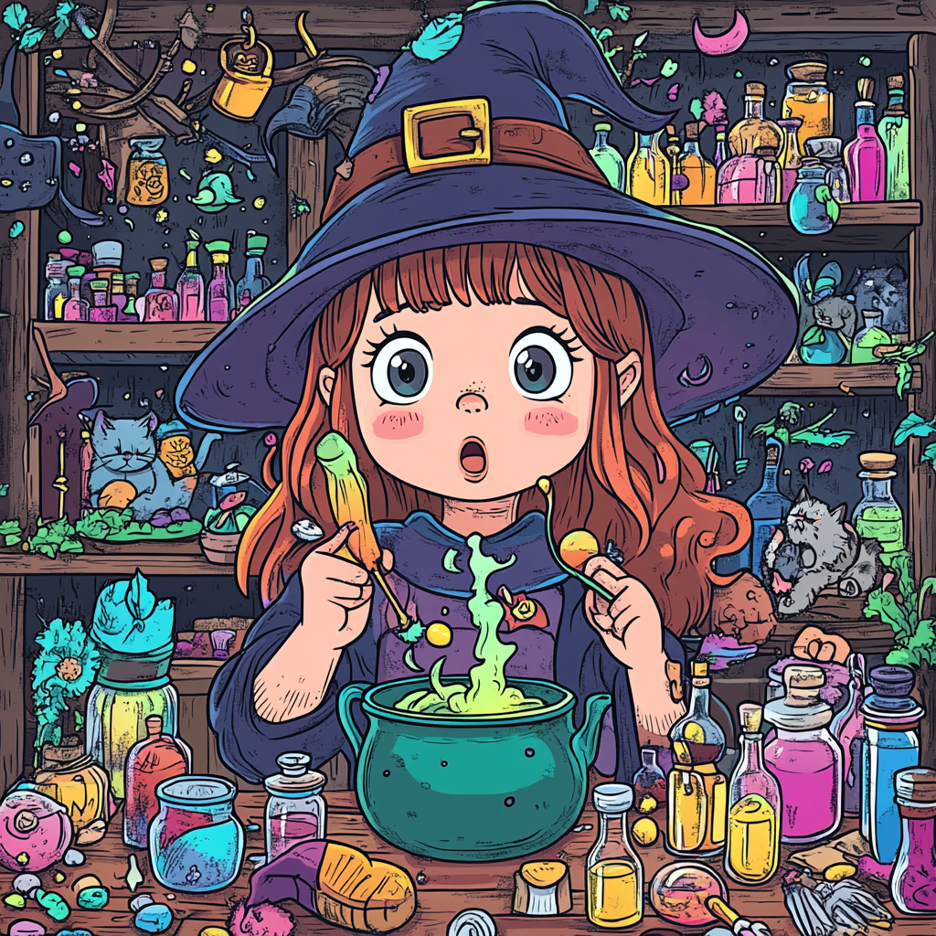 A Surprised Witch Mixing Potions in a Magical House