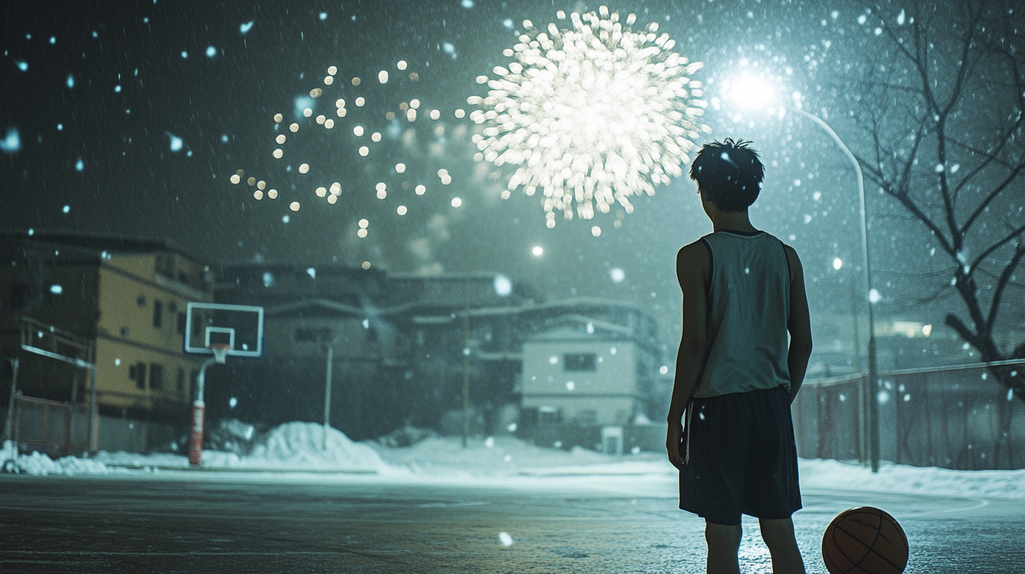 A Sweaty Basketball Player Amidst Chinese Snowy Fireworks