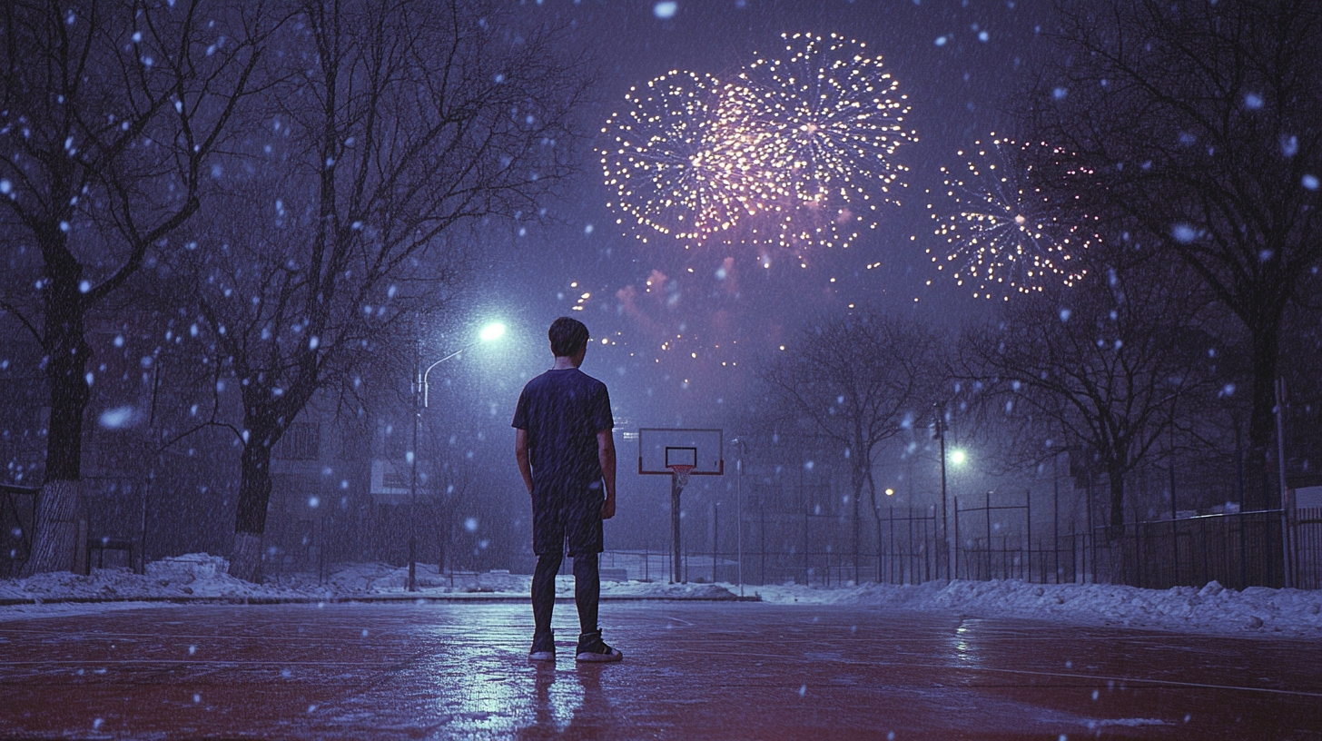 A Sweaty Basketball Player Amidst Fireworks and Snow