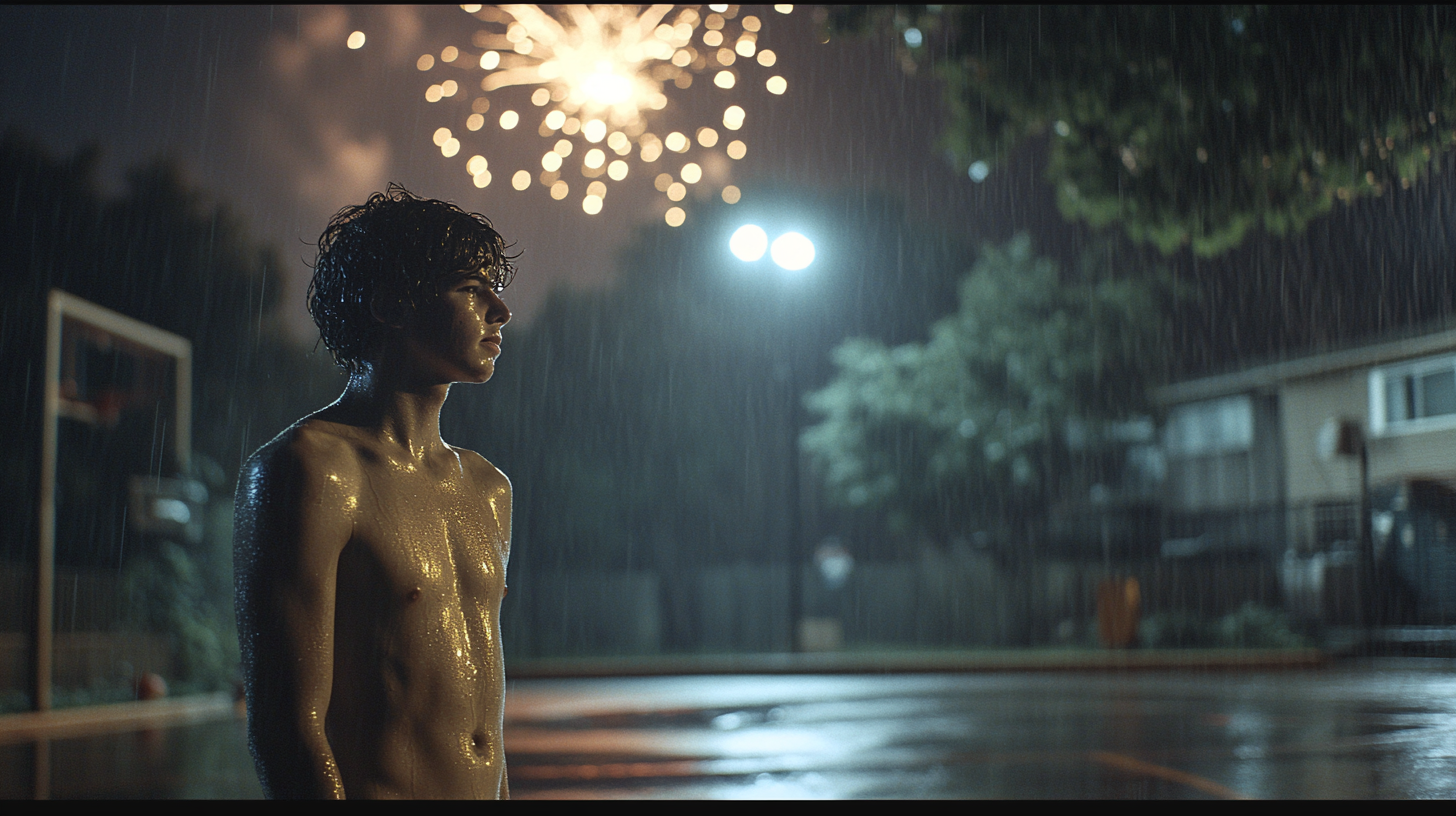 A Sweaty Basketball Player Amidst Fireworks at Night