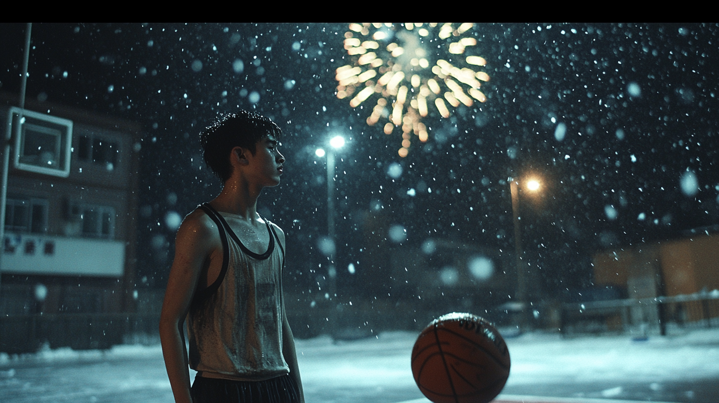 A Sweaty Basketball Player Amidst Snowy Chinese Celebrations