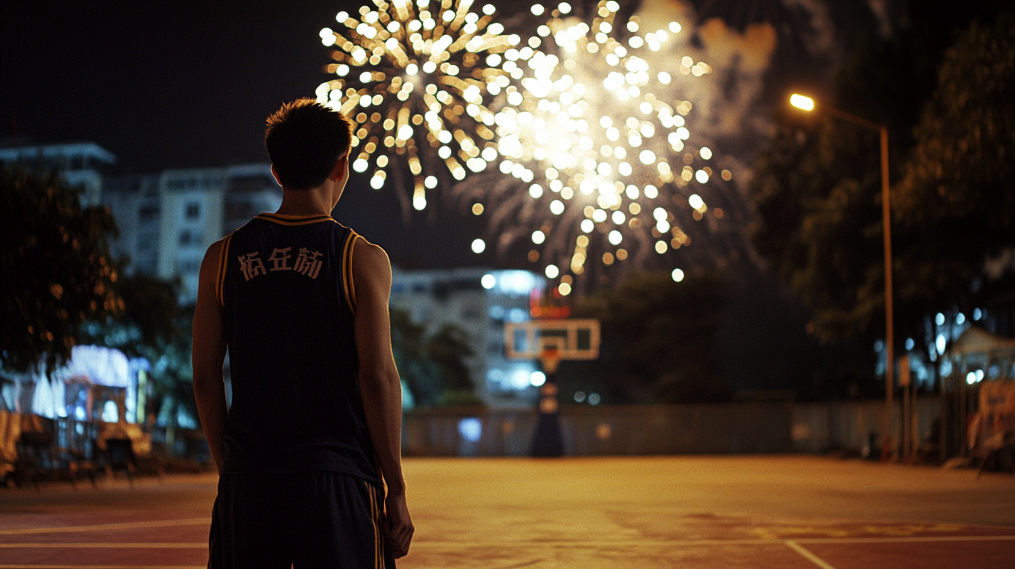 A Sweaty Basketball Player with Fireworks in China