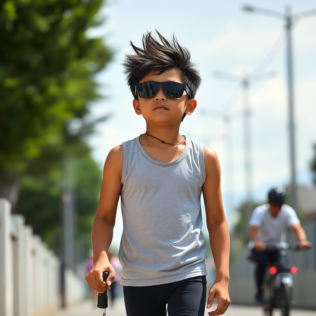 A Sweaty Blind Boy Walking with White Cane