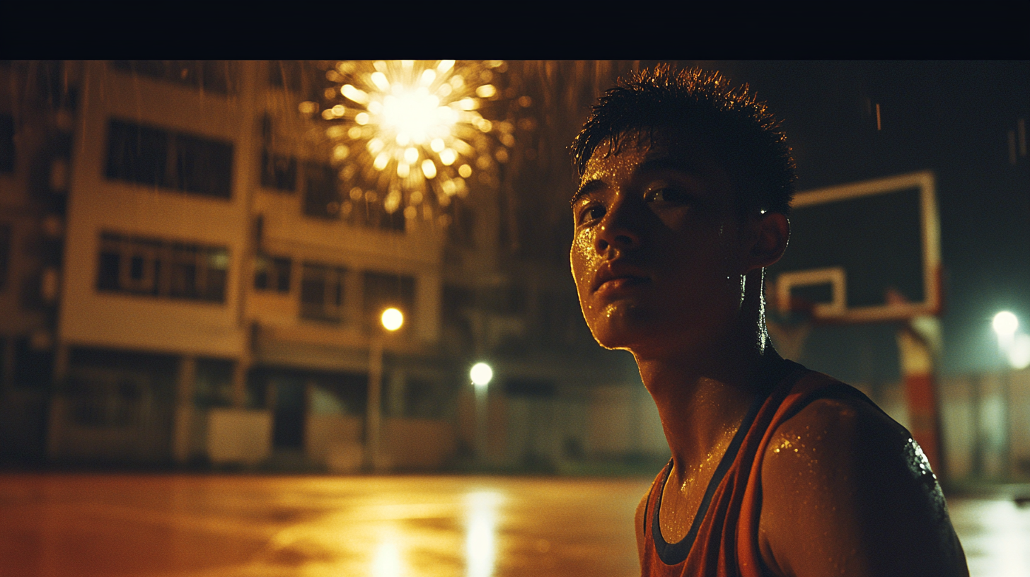 A Sweaty Young Man Playing Basketball Amidst Fireworks