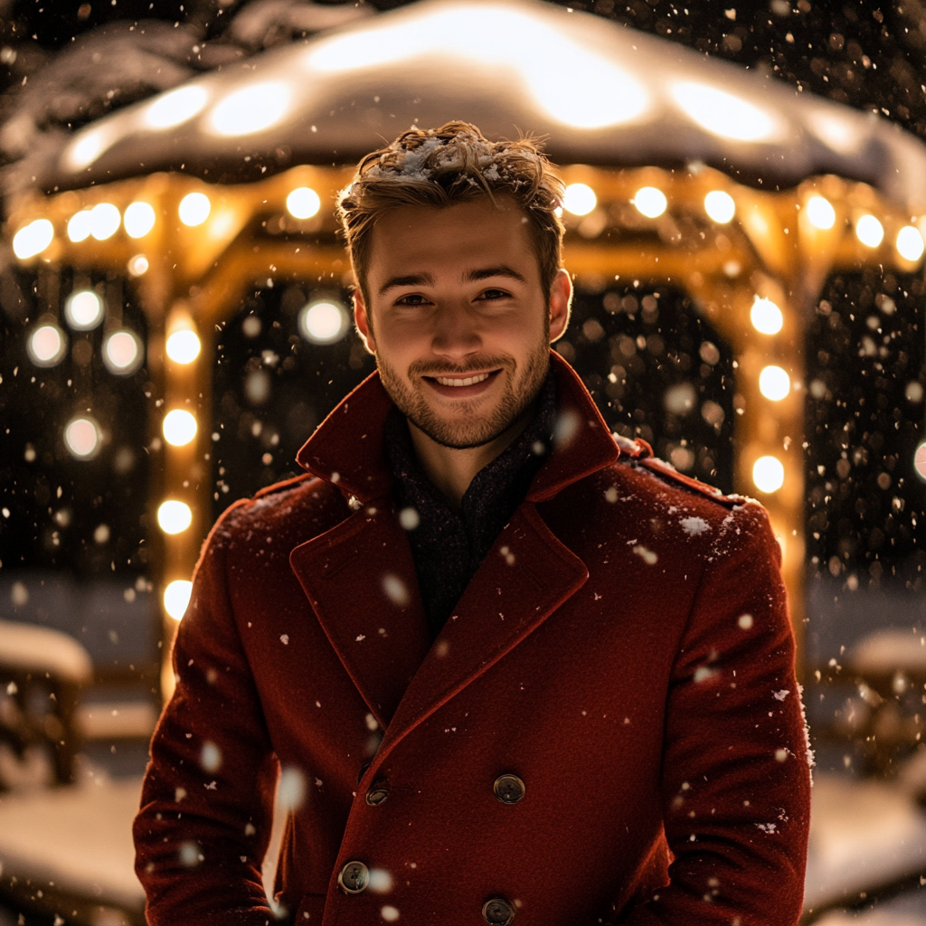 A Sweet Man in Red Coat in Winter Wonderland