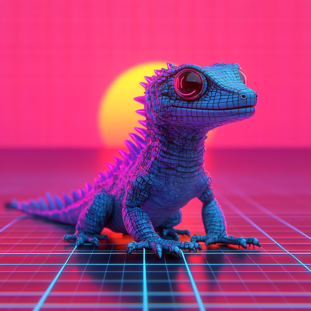 A Synthwave gecko dragon in retro-futuristic style