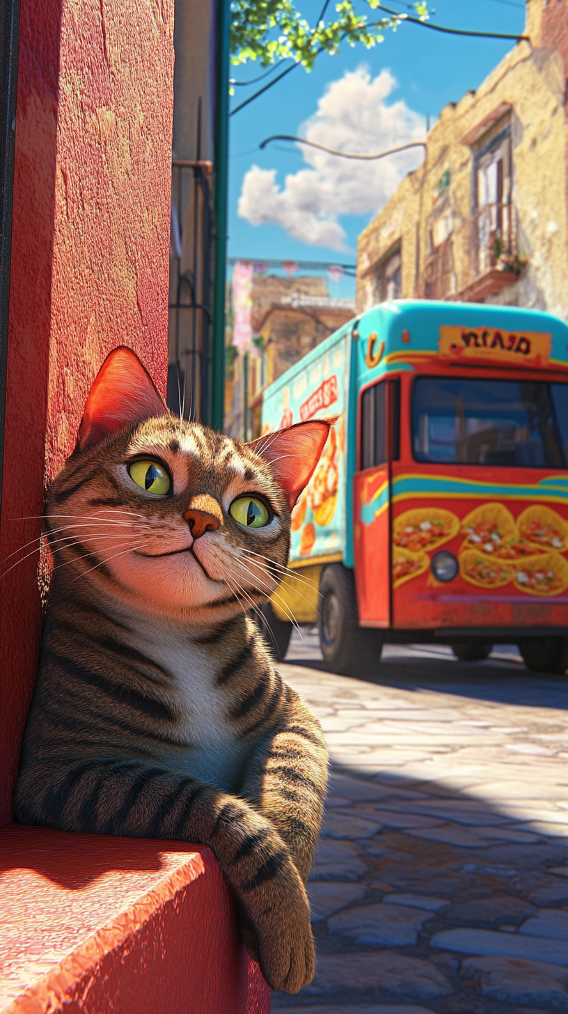 A Tabby Cat Looking at Taco Truck