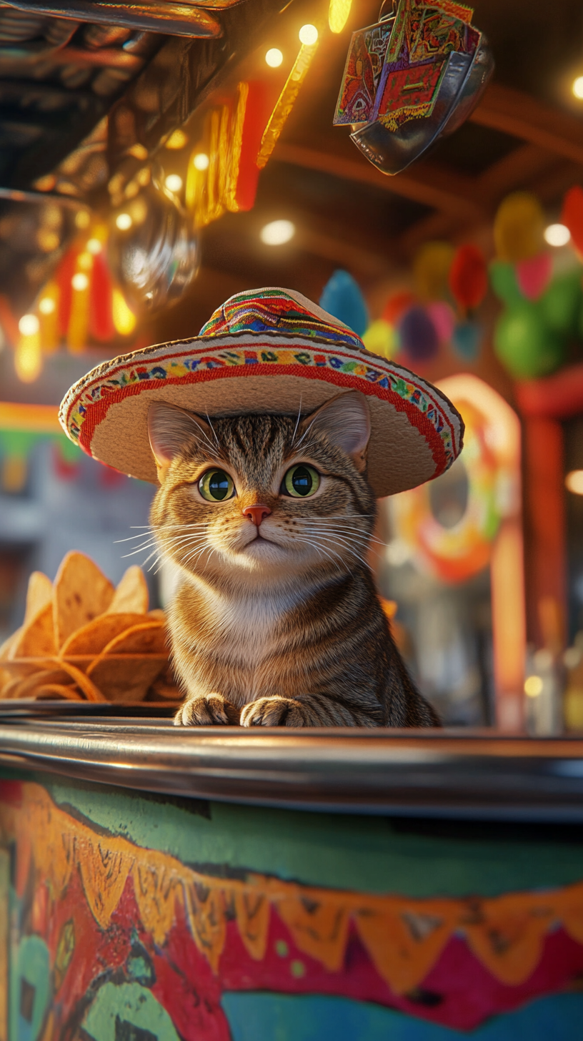 A Tabby Cat in a Sombrero on Chef's Head