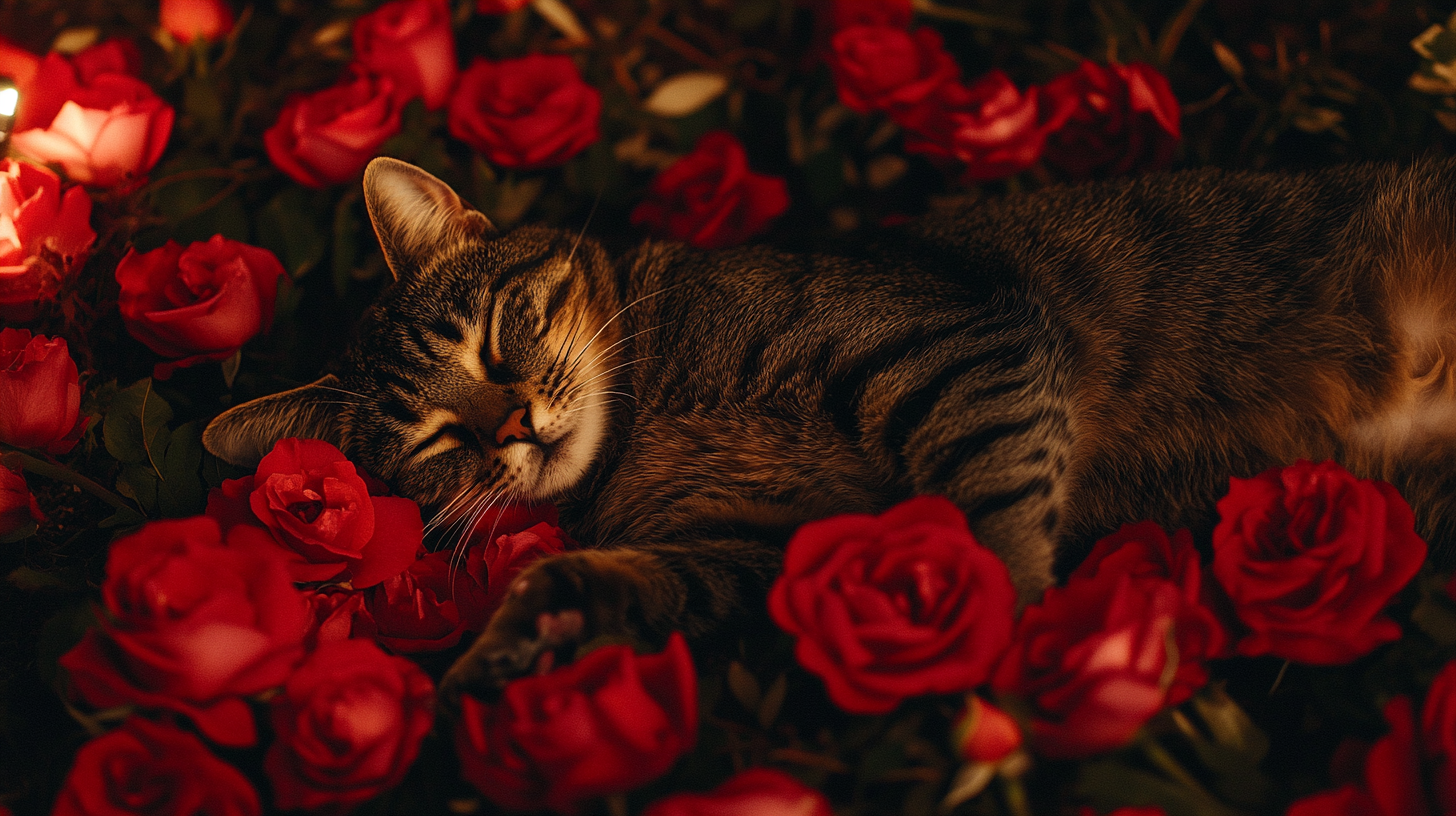 A Tabby cat lounging on messy roses garden.