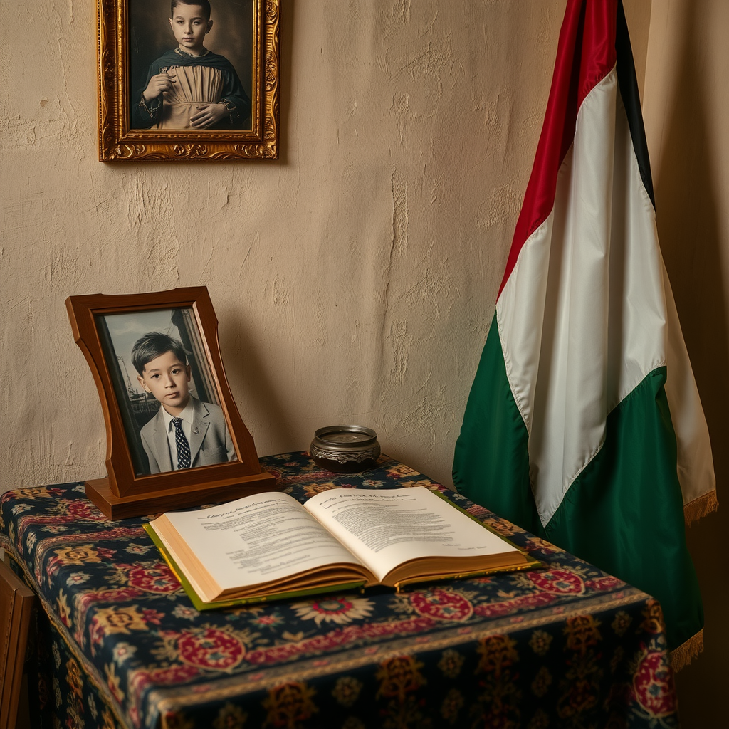 A Table, Picture, and Palestinian Flag Ages