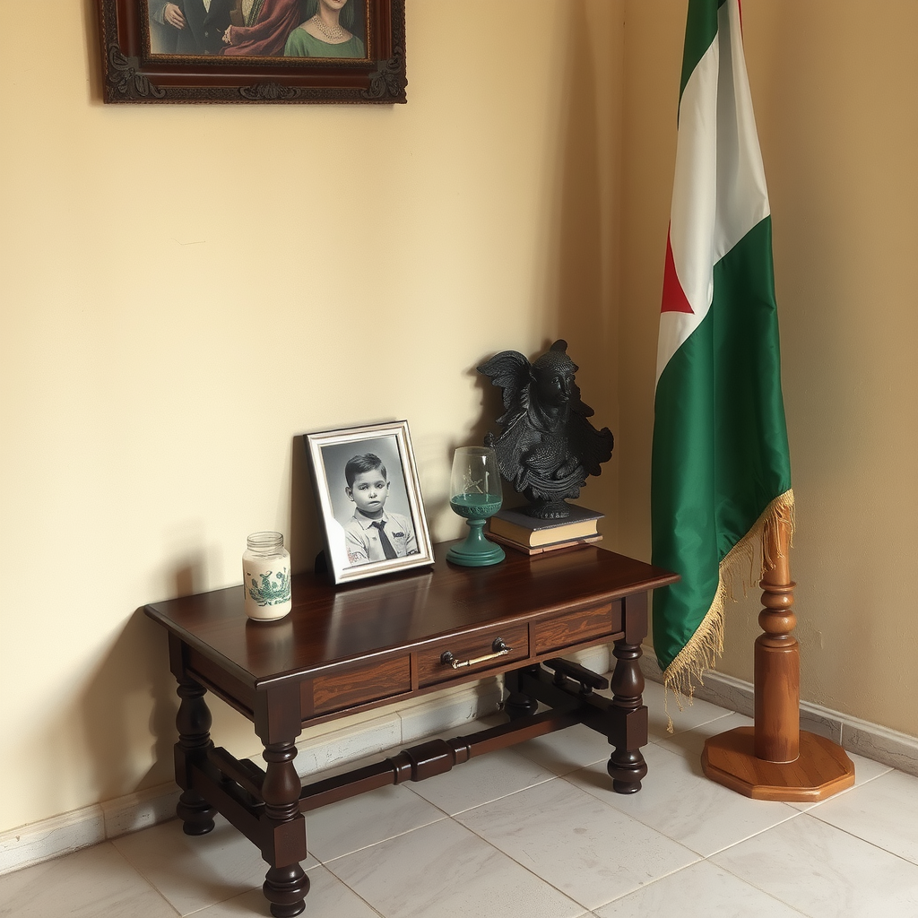 A Table, Picture, and Palestinian Flag talk about history