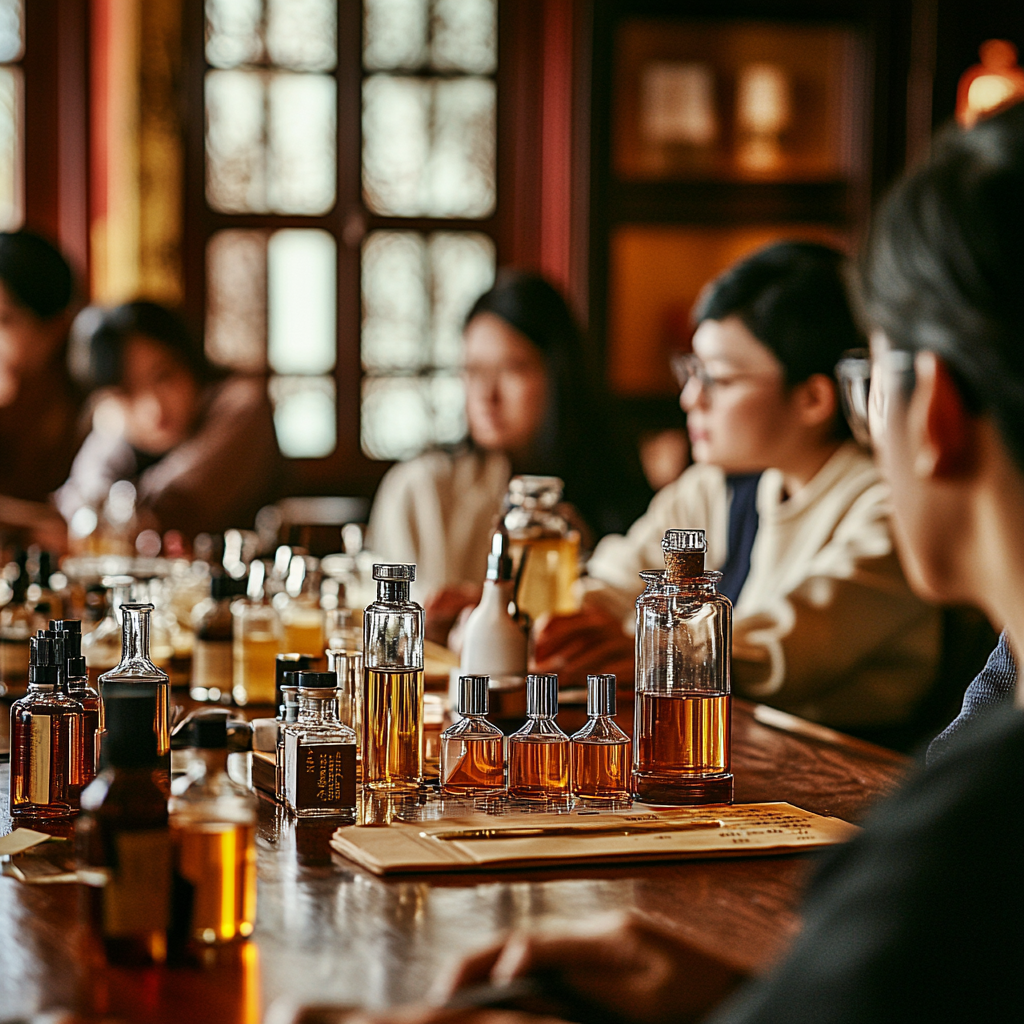 A Taiwanese perfumery class with students blending fragrances.