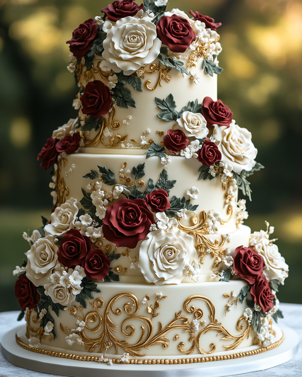 A Tall, Multitiered Wedding Cake with Elegant Design