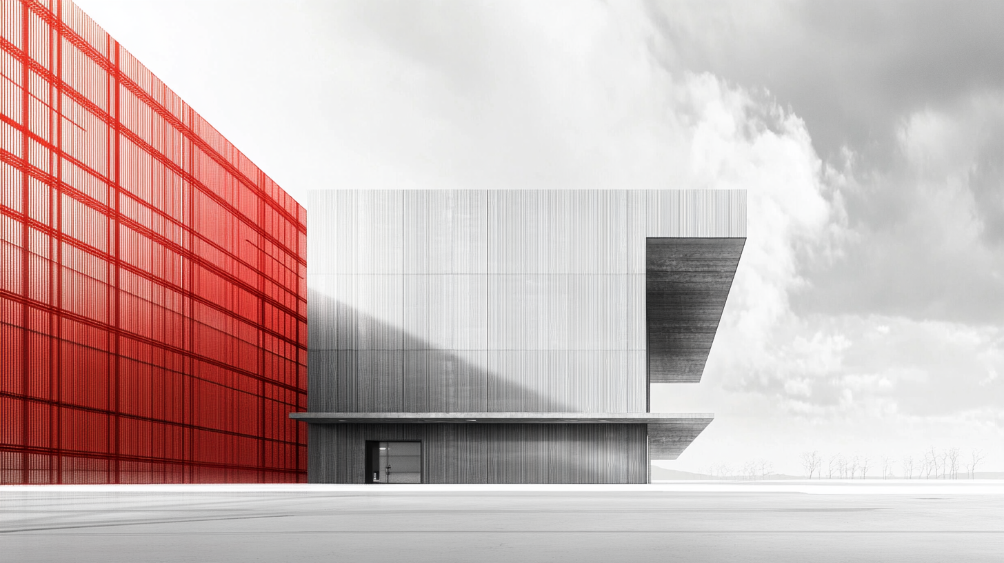 A Tall Factory Building with Gray and Red Panels