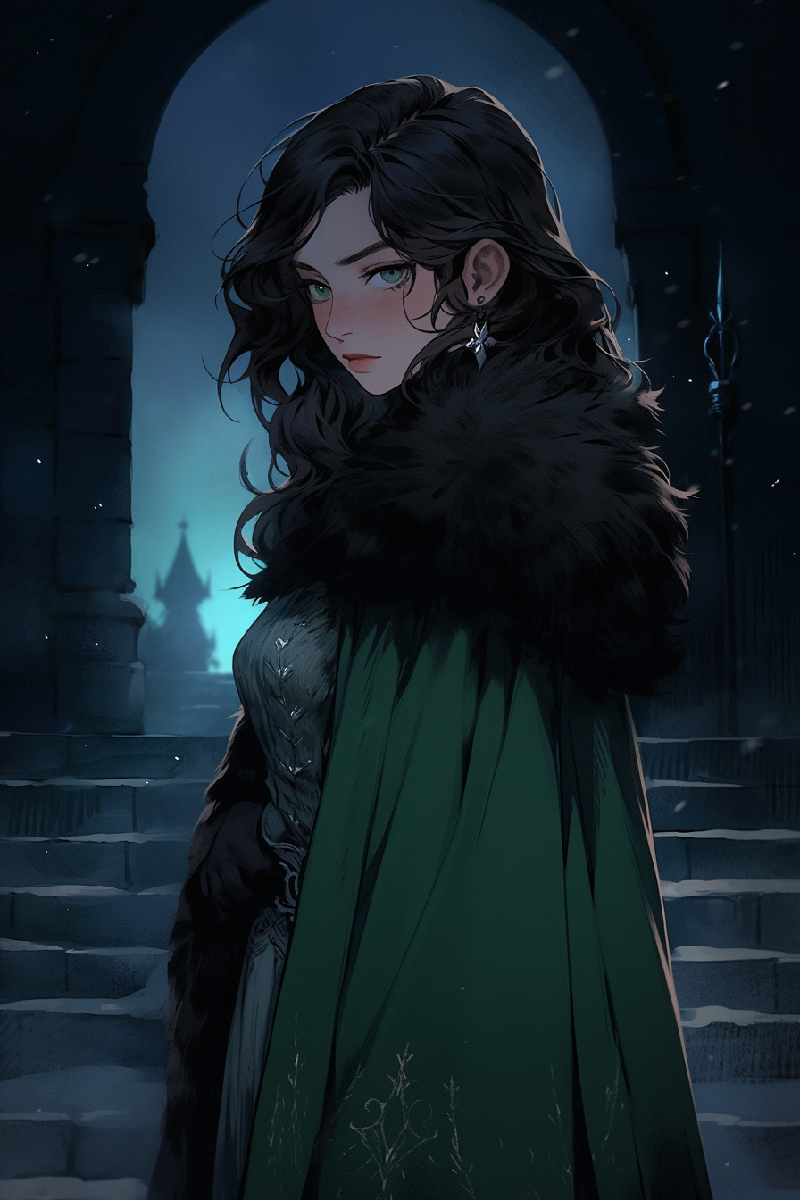 A Tall Lady in Green Dress at Winter Castle