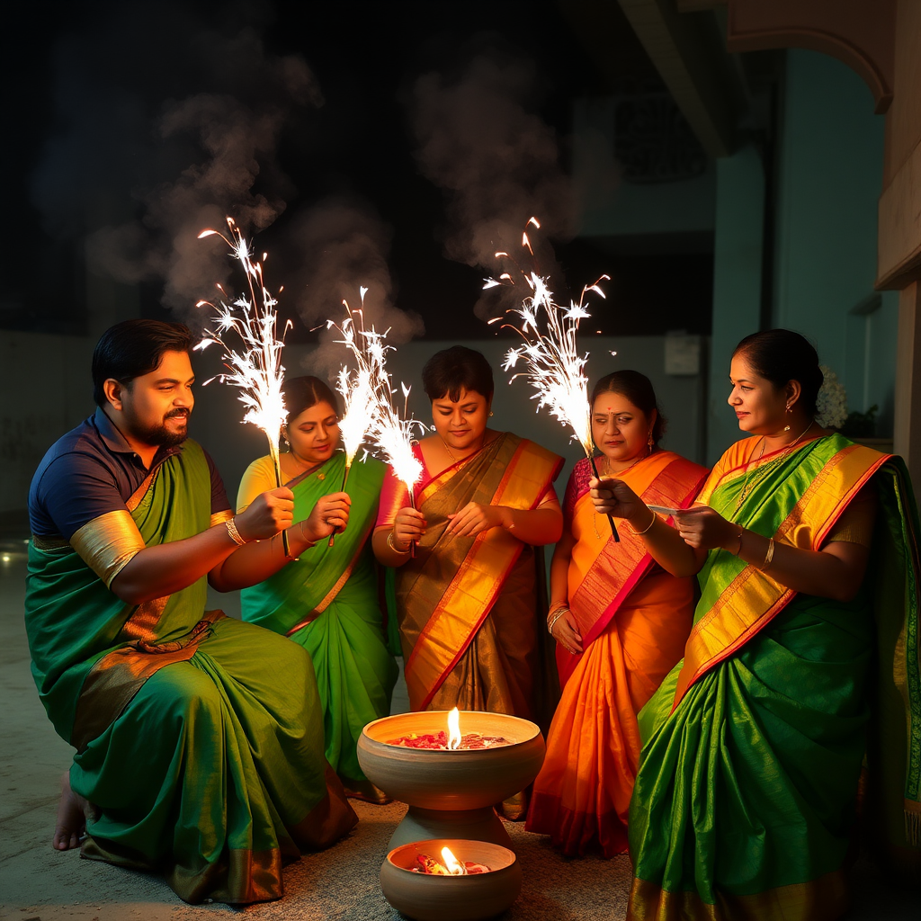 A Tamil Family Celebrating Deepavali with Firecrackers