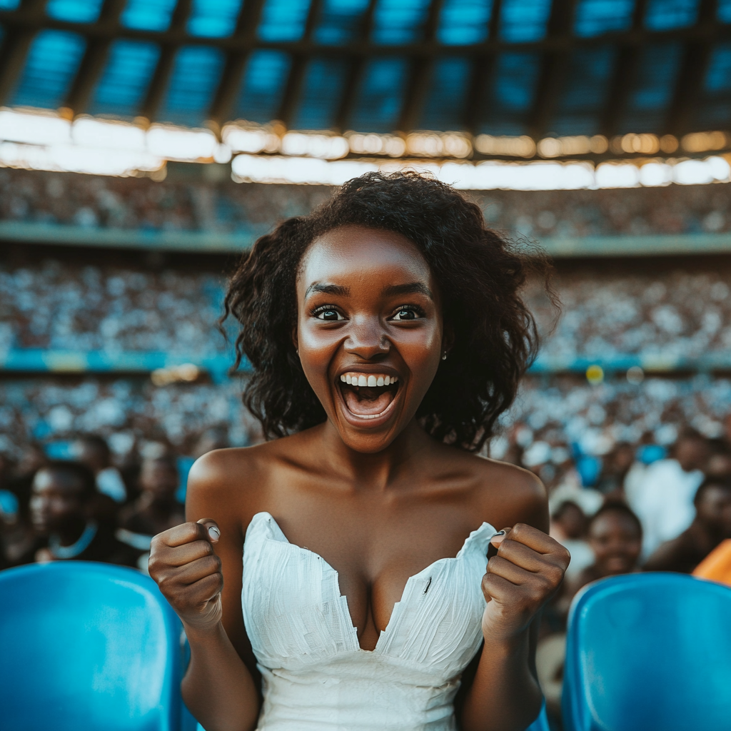 A Tanzanian girl celebrates victory in football stadium