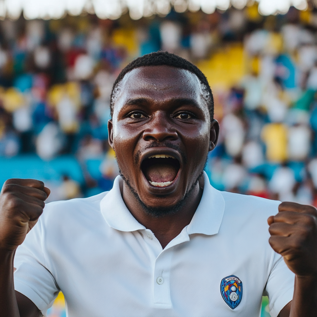 A Tanzanian man celebrates victory at vibrant stadium