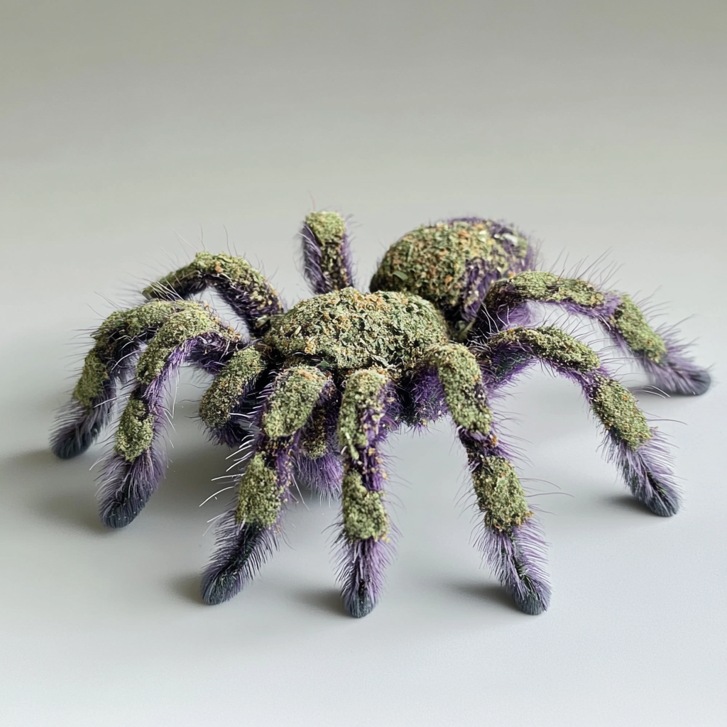 A Tarantula Sculpture with Weed Nuggets Background