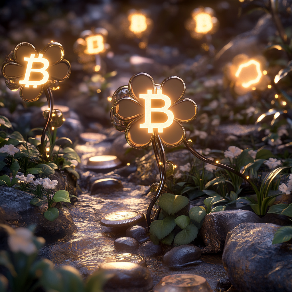 A Tech Garden with Bitcoin Flowers Connecting Chains