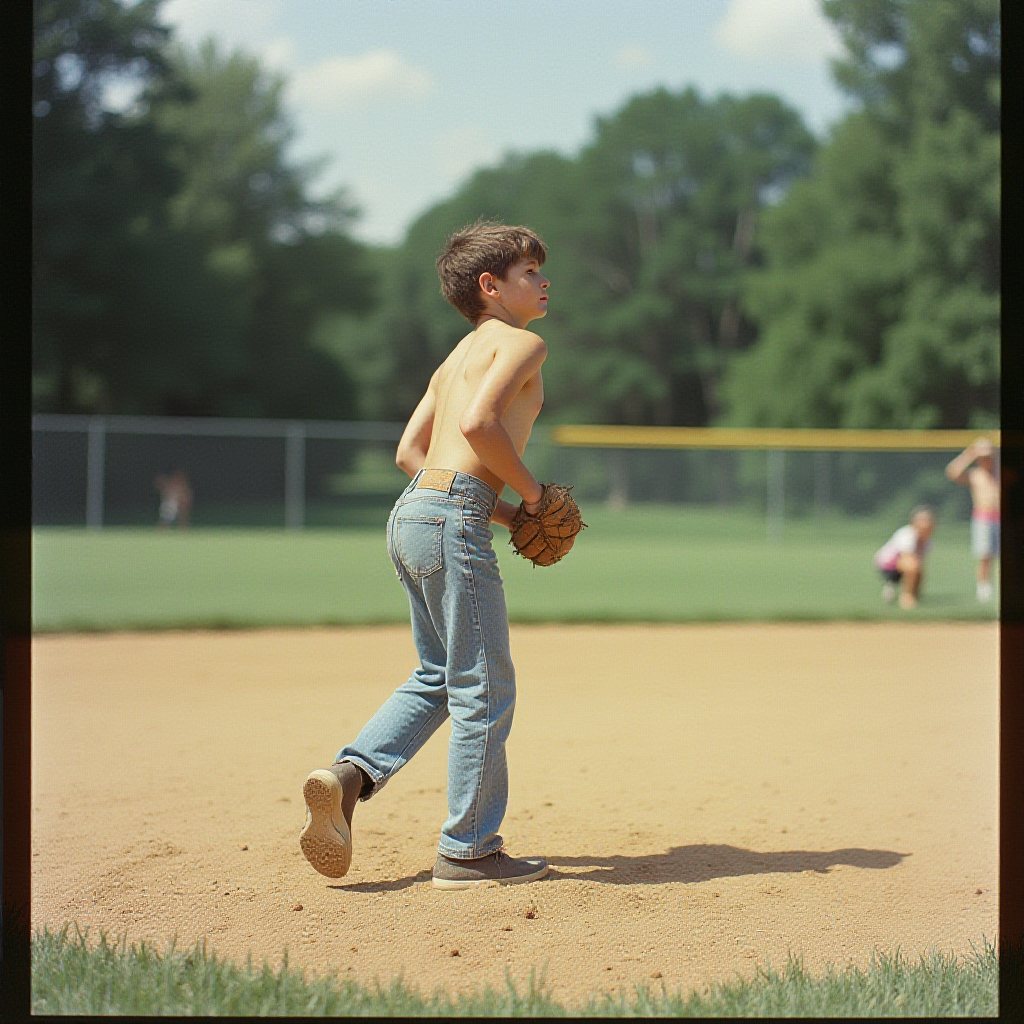A Teen Playing Baseball in 1980s Suburb