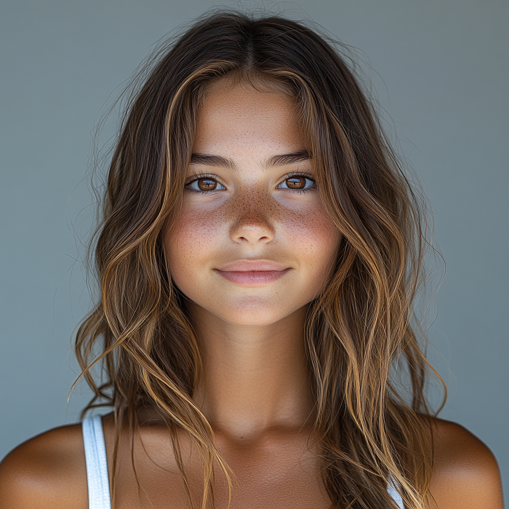 A Teenage Girl Smiling on Surfboard in Studio